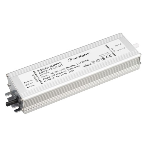 Блок питания ARPV-12100-B1 (12V, 8,3A, 100W) (Arlight, IP67 Металл, 3 года) Источник напряжения с гальванической развязкой для светодиодных изделий. Входное напряжение 200-240 VAC. Выходные параметры: 12 В, 8,3 А, 100 Вт. Встроенный PFC >0,5. Герметичный алюминиевый корпус IP 67. Рабочая температура -30…+50C⁰. Габаритные размеры длина 202 мм, ширина 56 мм, высота 30 мм. Совместим с диммерами с частотой ШИМ более 5кГц. Гарантийный срок 3 года.