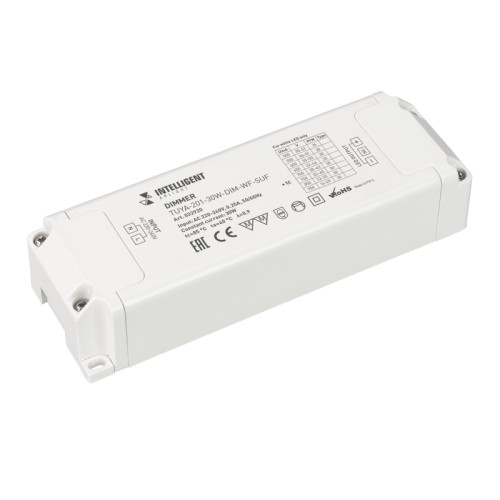 INTELLIGENT ARLIGHT Диммер TUYA-201-30W-DIM-WF-SUF (230V, 433MHz, 500-900mA) (IARL, -) Диммер одноканальный, для светодиодных светильников. Выбор значения выходного тока осуществляется подстроечным резистором на плате. Вход 220-240V AC, PF>0.95 выход 500-900mA@24-50V DC (в зависимости от вых. тока), мощность 30W. Низкий пусковой ток 