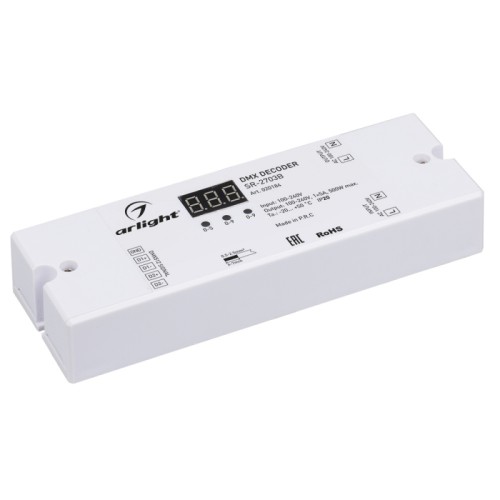 Декодер DMX SR-2703B (220V, 500W) (Arlight, IP20 Пластик, 3 года) DMX-выключатель для галогенных и других ламп на 220В, а также для высоковольтного неона (при использовании стандартного адаптера для подключения неона к сети AC 230V). Коммутируемая мощность макс. 500Вт. Адрес DMX задается кнопками на корпусе, индикация адреса. Размер 178x46x18. Питание 100-240VAC, ток 5 А. Заменяется на 033004.