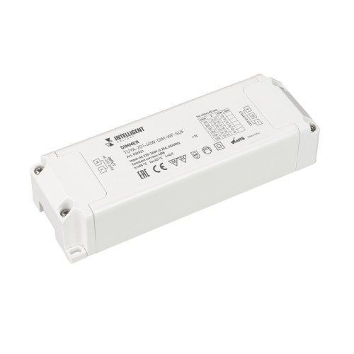 INTELLIGENT ARLIGHT Диммер TUYA-201-40W-DIM-WF-SUF (230V, 433MHz, 700-1200mA) (IARL, -) Диммер одноканальный, для светодиодных светильников. Выбор значения выходного тока осуществляется подстроечным резистором на плате. Вход 220-240V AC, PF>0.95 выход 700-1200mA@20-57V DC (в зависимости от вых. тока), мощность 40W. Низкий пусковой ток 