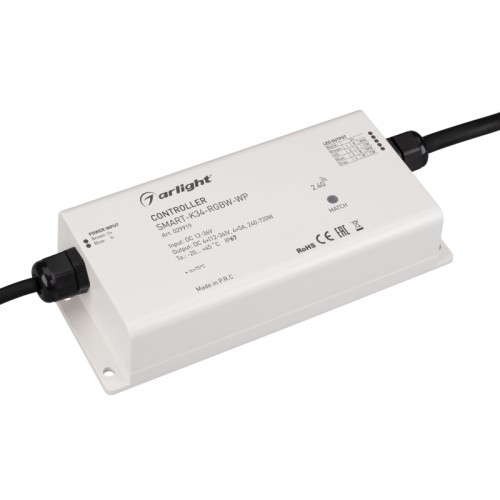 Контроллер SMART-K34-RGBW-WP (12-36V, 4x5A, 2.4G) (Arlight, IP67 Пластик, 5 лет) Влагозащищенный (IP67) контроллер для светодиодной RGBW ленты (ШИМ). Питание/рабочее напряжение 12-36VDC, максимальный ток 5A на канал, 4 канала, максимальная мощность 240-720W. Корпус - PVC. Габариты 176х78х38 мм. Управляется пультами и панелями серии SMART (поставляются отдельно).