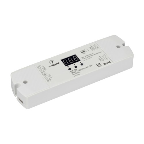 Выключатель SMART-SWITCH-DMX-SUF (230V, 5A) (Arlight, IP20 Пластик, 3 года) DMX-выключатель для любых видов нагрузки AC 230V, в том числе и гибкого неона. Напряжение питания AC 100-240V, максимальный ток нагрузки 5А, максимальная мощность при AC 230V - 1150W. DMX адрес задается кнопками на корпусе, цифровой дисплей. Габариты 170x50x23 мм.