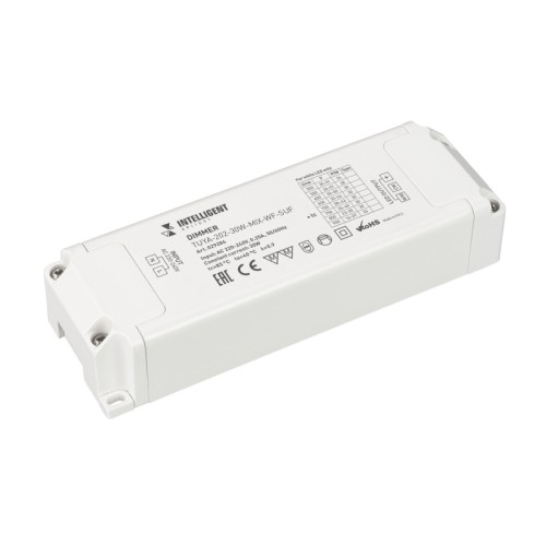 INTELLIGENT ARLIGHT Диммер TUYA-202-30W-MIX-WF-SUF (230V, 433MHz, 500-900mA) (IARL, -) Диммер двухканальный, для светодиодных MIX (CCT, Tunable White) светильников. Выбор значения выходного тока осуществляется подстроечным резистором на плате. Вход 220-240V AC, PF>0.95 выход 500-900mA@24-50V DC (в зависимости от вых. тока), мощность 30W. Низкий пусковой ток 