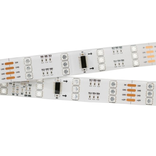 Лента SPI-5000SE 12V RGB (5060, 480 LED x3,1812) (Arlight, Закрытый, IP65) Гибкая трехрядная герметичная лента "Бегущие огни" с драйвером 1812, покрытие Silicone glue (IP65) - для применения в сухих и влажных помещениях. Длина 5м, 480шт LED RGB 5060, 32 pixel/m (1 pixel = 3 LED в одном столбце). Питание 12V, ном. мощн.12,8 Вт/м, макс. мощн-ть 16 Вт/м (статический белый цвет). Необходима подводка пит-я с 2 сторон ленты. Ширина 20 мм. Негерметичные ПРЯМОУГОЛЬНЫЕ коннекторы.