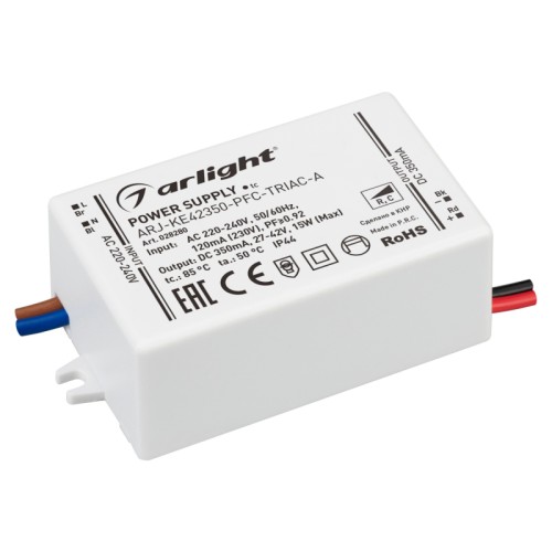 Блок питания ARJ-KE42350-PFC-TRIAC-A (15W, 350mA) (Arlight, IP44 Пластик, 5 лет) Диммируемый источник тока по стандарту TRIAC с гальванической развязкой для светильников и мощных светодиодов. Входное напряжение 220-240 VAC. Выходные параметры: 27-42 В, 350 mА, 15 Вт. Выбор значения тока осуществляется DIP-переключателем. Встроенный PFC >0,92. Негерметичный пластиковый корпус IP 44. Габаритные размеры длина 68 мм, ширина 36 мм, высота 23 мм. Гарантийный срок 5 лет.