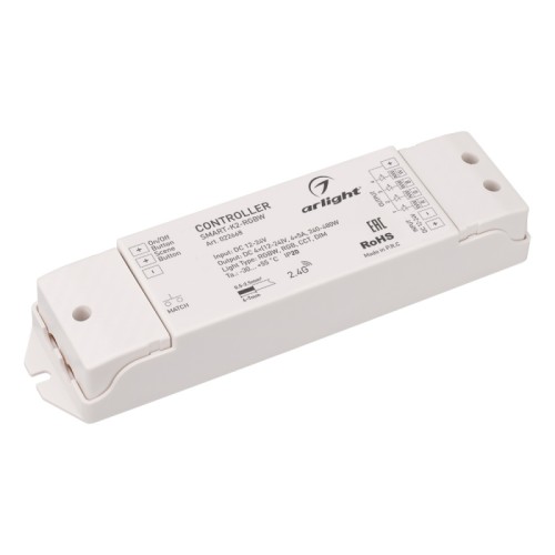 Контроллер SMART-K2-RGBW (12-24V, 4x5A, 2.4G) (Arlight, IP20 Пластик, 5 лет) Контроллер для светодиодной RGBW ленты (ШИМ). Питание/рабочее напряжение 12-24VDC, максимальный ток 5A на канал, 4 канала, максимальная мощность 240-480W. Винтовые клеммы. Корпус - PVC. Габариты 175х45х27 мм. Управляется пультами и панелями серии SMART (поставляются отдельно).