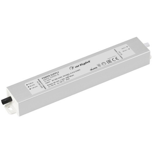 Блок питания ARPV-24030-B (24V, 1.3A, 30W) (Arlight, IP67 Металл, 3 года) Источник напряжения с гальванической развязкой для светодиодных изделий. Входное напряжение 200-240 VAC. Выходные параметры: 24 В, 1,25 А, 30 Вт. Встроенный PFC >0,5. Герметичный алюминиевый корпус IP 67. Рабочая температура -25…+50C⁰. Габаритные размеры длина 182 мм, ширина 29 мм, высота 20 мм. Совместим с диммерами с частотой ШИМ более 5кГц. Гарантийный срок 3 года.