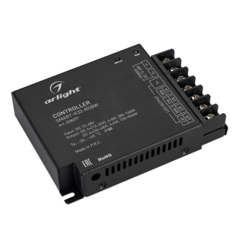 Контроллер SMART-K32-RGBW (12-48V, 4x8A, 2.4G) (Arlight, IP20 Металл, 5 лет) Контроллер для светодиодной RGBW ленты (ШИМ). Питание/рабочее напряжение 12-48VDC, максимальный ток 8A на канал для 12-24V и 5А на канал для 36-48V, 4 канала, максимальная мощность 384-768W для 12-24V и 720-960W для 36-48V. Винтовые клеммы. Корпус - металл. Габариты 117x85x25 мм. Управляется пультами и панелями серии SMART (поставляются отдельно).