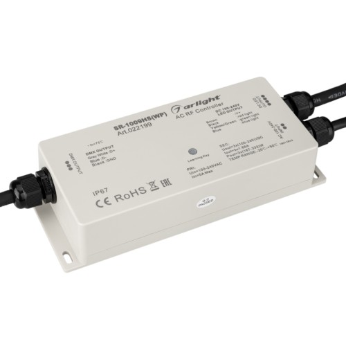 Контроллер SR-1009HSWP (230V, 3x1.66A) (Arlight, IP67 Пластик, 3 года) Герметичный IP67 контроллер RGB с RF управлением (пульт поставляется отдельно), выходом DMX512 и тиристорным выходом TRIAC/MOSFET с выпрямленным током DC. Мощность активной нагрузки (RGB-неон, лампы накаливания) макс.3х365 Вт. Полная мощность для электронной нагрузки (диммеры) макс. 3х90 VA. Питание 100-240 VAC. Управляется пультами и панелями серий SR-2819x, SR-2833x, SR-2830A, SR-2835DIM и другими. Размер 180x74х38мм.