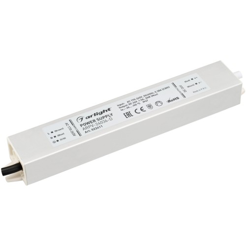 Блок питания ARPV-24036-D (24V, 1.5A, 36W) (Arlight, IP67 Металл, 3 года) Источник напряжения с гальванической развязкой для светодиодных изделий. Входное напряжение 170-265 VAC. Выходные параметры: 24 В, 1,5 А, 36 Вт. Встроенный PFC >0,5. Герметичный алюминиевый корпус IP 67. Рабочая температура -30…+50C⁰. Габаритные размеры длина 182 мм, ширина 30 мм, высота 20 мм. Гарантийный срок 3 года.