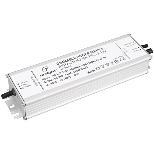 Блок питания ARPV-UH24320A-PFC-0-10V (24V, 13.3A, 320W) (Arlight, IP67 Металл, 7 лет) Диммируемый источник напряжения по стандарту 0-10 В с гальванической развязкой для светодиодных изделий. Входное напряжение 120-240 VAC. Выходные параметры: 24 В, 13.3 А, 320 Вт. Встроенный PFC >0.95. Герметичный алюминиевый корпус IP 67. Рабочая температура -40…+70C⁰. Габаритные размеры длина 251 мм, ширина 68 мм, высота 38.5 мм. Гарантийный срок 7 лет.