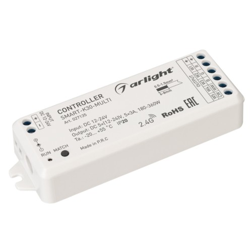 Контроллер SMART-K30-MULTI (12-24V, 5x3A, RGB-MIX, 2.4G) (Arlight, IP20 Пластик, 5 лет) Многофункциональный 5-канальный контроллер для светодиодной RGB и MIX лент и модулей (ШИМ). Питание/рабочее напряжение 12-24VDC, максимальный ток 3A на канал, 5 каналов, максимальная мощность 180-360W. Винтовые клеммы. Корпус - PVC. Габариты 114x38x20 мм. Управляется пультами и панелями серии SMART (поставляются отдельно).