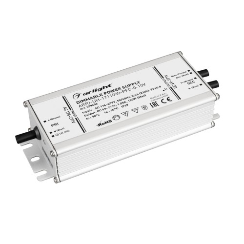 Блок питания ARPJ-UH-1711050-PFC-0-10V (120W, 69-171V, 1.05A) (Arlight, IP67 Металл, 7 лет) Поставка под заказ от 300 шт. Диммируемый источник тока тока по стандарту 0-10V с гальванической развязкой для светильников и мощных светодиодов. Входное напряжение 176-277 VAC. Выходные параметры: 69-171 В, 1050mA, 120 Вт. Встроенный PFC >0.9. Герметичный металлический корпус IP 67. Габаритные размеры 158 мм, ширина 67.5 мм, высота 38.5 мм. Гарантийный срок 7 лет.