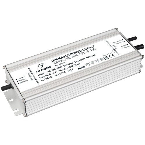 Блок питания ARPV-UH24400-PFC-0-10V (24V, 16.7A, 400W) (Arlight, IP67 Металл, 7 лет) Диммируемый источник напряжения по стандарту 0-10 В с гальванической развязкой для светодиодных изделий. Входное напряжение 120-240 VAC. Выходные параметры: 24 В, 16.7 А, 400 Вт. Встроенный PFC >0.95. Герметичный алюминиевый корпус IP 67. Рабочая температура -40…+70C⁰. Габаритные размеры длина 251 мм, ширина 90 мм, высота 41.5 мм. Гарантийный срок 7 лет.