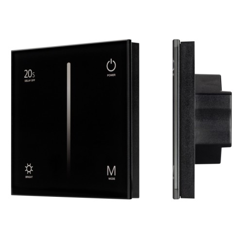 Панель SMART-P6-DIM-G-IN Black (12-24V, 4x3A, Sens, 2.4G) (Arlight, IP20 Пластик, 5 лет) Встраиваемая сенсорная стеклянная панель 2.4 ГГц, цвет черный. Для управления одноцветными источниками света (ШИМ). Управление яркостью с помощью сенсорной полосы. Работает в режиме master/slave и может выполнять функцию независимого контроллера. Питание/рабочее напряжение 12-24VDC, 4 параллельных канала по 3А максимальной нагрузки на канал, максимальная суммарная мощность 144-288W. Габариты 86х86х33 мм. Панель совместима с диммерами серии SMART. Возможно управление пультами (см. совместимые товары) или другими панелями.