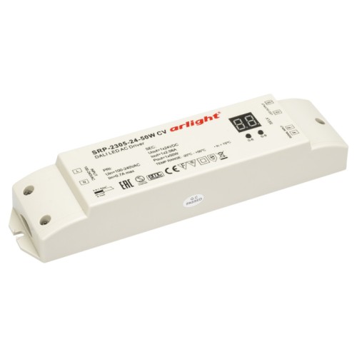 Диммер DALI-SRP-2305-24-50W-CV (220V, 24V, 50W) (Arlight, Пластик) Диммер DALI. Вход 100-240VAC, выход 24 VDC, мощн-ть 50W. Размеры 210x50x32 мм.