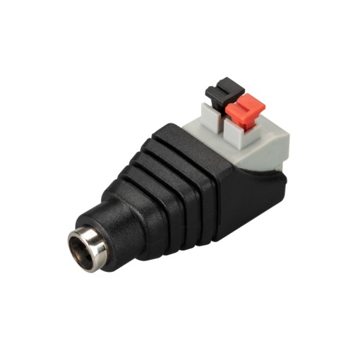 Коннектор ARL-MONO-2pin-F (Jack 5.5) (Arlight, -) Клеммная колодка с DC-входом 5.5 мм (напряжение не выше 48В), для быстрого подключения светодиодных лент к сетевым адаптерам. Одна сторона - клеммная колодка самозажимная для провода (от ленты), другая сторона - DC-вход 5.5 мм (мама) для штекера от сетевого адаптера. Позволяет подключать ленту без пайки. Номинальный ток 3 А.