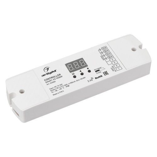 Контроллер тока SMART-K5-RGBW (12-36V, 4x700mA, 2.4G) (Arlight, IP20 Пластик, 5 лет) Контроллер тока RGBW для светодиодных RGBW светильников (ШИМ). Питание/рабочее напряжение 12-36VDC, максимальный ток 700mA на канал, 4 канала, максимальная мощность 33.6-100.8W. Возможность автономной работы (без пульта). На корпусе цифровой монитор. Корпус - PVC. Габариты 170х50х23 мм. Управляется пультами и панелями серии SMART (поставляются отдельно).