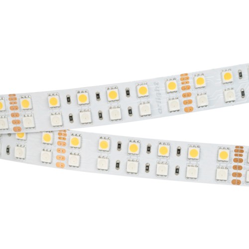 Лента RT 2-5000 24V RGB-White 2x2 (5060, 720 LED, LUX) (Arlight, 32 Вт/м, IP20) RGB+White мультицветная лента, 2 ряда светодиодов smd 5060, 144шт/м (720шт на 5м), белая плата 19мм, скотч 3М. Цвет Мультицвет R/G/B+Белый 6000K. Питание 24V, мощность 160 Вт на 5м, из них R/G/B=16 Вт/м (5.3 Вт/м канал), белый W=16 Вт/м, угол 120°. Размеры 5000х19х2.2мм. Мин.отрезок 83.3мм, 12 светодиодов. Цена за 1м.