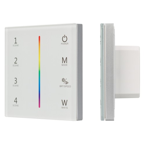 Панель Sens SMART-P22-RGBW White (12-24V, 4x3A, 2.4G) (Arlight, IP20 Пластик, 5 лет) Встраиваемая сенсорная стеклянная панель 2.4 ГГц, цвет белый. Для управления светодиодными RGBW источниками света (ШИМ). Управление цветом с помощью сенсорной полосы. Работает в режиме master/slave и может выполнять функцию независимого контроллера. Питание/рабочее напряжение 12-24VDC, максимальный ток 3A на канал, 4 канала, максимальная мощность 144-288W. Габариты 86х86х37 мм. Панель совместима с пультами и контроллерами серии SMART.