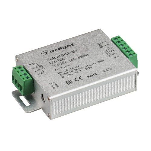 RGB-усилитель LN-12A (12-24V, 144-288W) (Arlight, IP20 Металл, 1 год) RGB-усилитель 12-24 В, 144-288 Вт. 4А на канал (3 канала). Корпус металл. Опто развязка между входом и выходом. Размер 105х65х25mm.