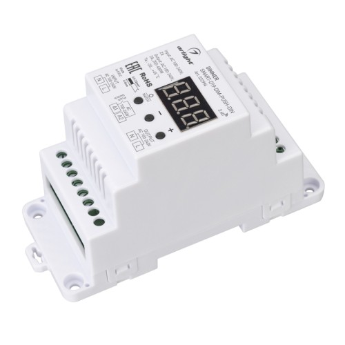 Диммер SMART-D19-DIM-PUSH-DIN (230V, 2A, TRIAC, 2.4G) (Arlight, IP20 Пластик, 5 лет) TRIAC диммер, предназначенный для установки на DIN-рейку. Поддерживает функцию Push-Dim. Питание/рабочее напряжение 100-240VDC, выходной ток 2А, выходная мощность 200-480W. Корпус - PVC. Совместим с пультами и панелями SMART. Габариты 110х67х45 мм.