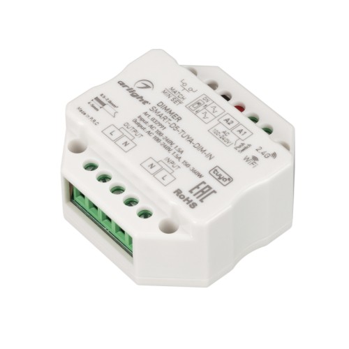 Диммер SMART-D5-TUYA-DIM-IN (230V, 1.5A, TRIAC, WiFi, 2.4G) (Arlight, IP20 Пластик, 5 лет) TRIAC диммер, предназначенный для установки в подрозетник. Управляется пультами и панелями серии SMART. Интерфейс Tuya, интегрированный Wi-Fi модуль (приложение SMART Arlight), голосовое управление Amazon ECHO, поддерживается управление ЯНДЕКС АЛИСА, совместим с приложением INTELLIGENT ARLIGHT. Питание 100-240VAC, макс.ток 1.5А. Габариты: 52x52x26 мм.