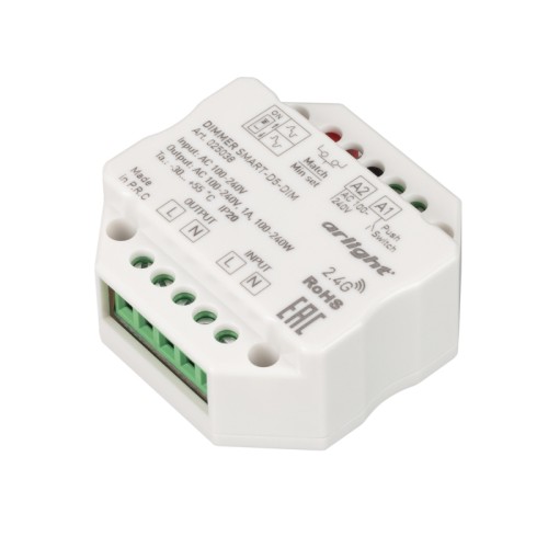 Диммер SMART-D5-DIM-IN (230V, 1A, TRIAC, 2.4G) (Arlight, IP20 Пластик, 5 лет) TRIAC диммер, предназначенный для установки в подрозетник. Управляется пультами и панелями серии SMART. Питание 100-240VAC, макс.ток 1А. Габариты: 52x52x26 мм.