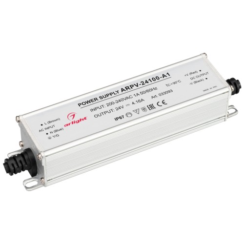 Блок питания ARPV-24100-A1 (24V, 4.16A, 100W) (Arlight, IP67 Металл, 3 года) Источник напряжения с гальванической развязкой для светодиодных изделий. Входное напряжение 200-240 VAC. Выходные параметры: 24 В, 4.16 А, 100 Вт. Встроенный PFC >0.5. Герметичный алюминиевый корпус IP 67. Рабочая температура -40…+70C⁰. Габаритные размеры длина 152 мм, ширина 37.5 мм, высота 31 мм. Гарантийный срок 3 года.