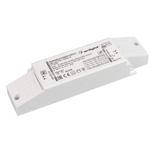 Блок питания ARJ-40-PFC-TRIAC-A (40W, 700-1050mA) (Arlight, IP20 Пластик, 5 лет) Диммируемый источник тока по стандарту TRIAC с гальванической развязкой для светильников и мощных светодиодов. Входное напряжение 220-240 VAC. Выходные параметры: 27-38 В, 700-1050 mА, 40 Вт. Выбор значения тока осуществляется DIP-переключателем. Встроенный PFC >0,92. Негерметичный пластиковый корпус IP 20. Габаритные размеры длина 172 мм, ширина 44 мм, высота 30 мм. Гарантийный срок 5 лет.