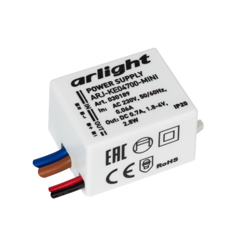 Блок питания ARJ-KE04700-MINI (2.8W, 700mA) (Arlight, IP20 Пластик, 5 лет) Источник тока с гальванической развязкой для светильников и мощных светодиодов. Входное напряжение 220-240 VAC. Выходные параметры: 1,8-4 В, 700 mА, 2,8 Вт. Встроенный PFC >0.4. Негерметичный пластиковый корпус IP 20. Габаритные размеры длина 34 мм, ширина 22.8 мм, высота 17 мм. Гарантийный срок 5 лет.