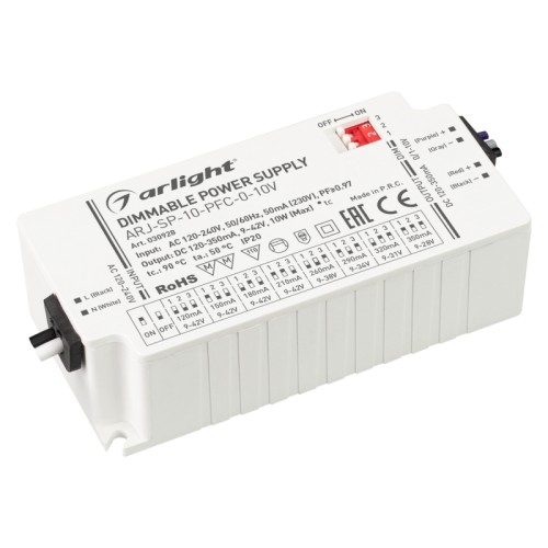 Блок питания ARJ-SP-10-PFC-0-10V (10W, 120-350mA) (Arlight, IP20 Пластик, 5 лет) Поставка под заказ от 500 шт. Диммируемый источник тока по стандарту 0-10V с гальванической развязкой для светильников и мощных светодиодов. Входное напряжение 120-240 VAC. Выходные параметры: 9-42 В, 120-350 mА, 10 Вт. Встроенный PFC >0.97. Негерметичный пластиковый корпус IP 20. Габаритные размеры длина 75 мм, ширина 35 мм, высота 26.5 мм. Гарантийный срок 5 лет.