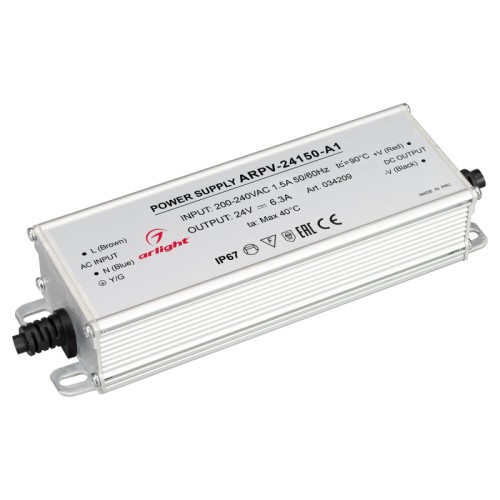 Блок питания ARPV-24150-A1 (24V, 6.25A, 150W) (Arlight, IP67 Металл, 3 года) Источник напряжения с гальванической развязкой для светодиодных изделий. Входное напряжение 200-240 VAC. Выходные параметры: 24 В, 6.25 А, 150 Вт. Встроенный PFC >0.5. Герметичный алюминиевый корпус IP 67. Рабочая температура -40…+70C⁰. Габаритные размеры длина 174 мм, ширина 56 мм, высота 36 мм. Гарантийный срок 3 года.