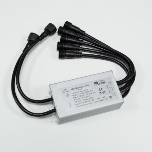 Коннектор питания ARD-PRO-DMX RGBW (24V, 5x190pix) (Ardecoled, Закрытый) DMX PLC инжектор (коннектор питания) для подключения RGBW гирлянд, управляемых по протоколу DMX512. Напряжение питания DC 24V. Вход: провод питания и сигнальный провод (DMX512). Выход: питание+DMX-PLC. Выходной порт - 5 шт. Поддерживает управление до 950 RGBW диодов.