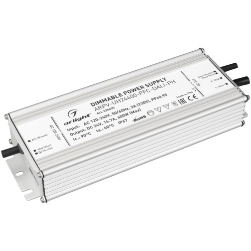 Блок питания ARPV-UH24400-PFC-DALI-PH (24V, 16.7A, 400W) (Arlight, IP67 Металл, 7 лет) Диммируемый источник напряжения по протоколу DALI с гальванической развязкой для светодиодных изделий. Входное напряжение 120-240 VAC. Выходные параметры: 24 В, 16.7 А, 400 Вт. Встроенный PFC >0.95. Герметичный алюминиевый корпус IP 67. Рабочая температура -40…+70C⁰. Габаритные размеры длина 251 мм, ширина 90 мм, высота 41.5 мм. Гарантийный срок 7 лет.