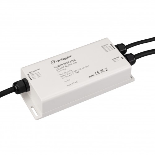 Усилитель SMART-RGBW-WP (12-36V, 4x5A) (Arlight, IP67 Пластик, 5 лет) Влагозащищенный (IP67) RGBW-усилитель. Питание 12-36VDC. 4 канала, ток нагрузки 4x5A, мощность нагрузки 240-720W. Размер 176x78x38 мм.