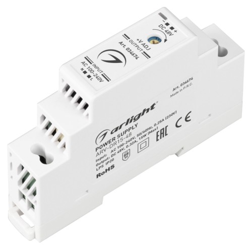 Блок питания ARV-DR15-48 (48V, 0.32A, 15W) (Arlight, IP20 DIN-рейка) Поставка под заказ от 500 шт. Источник напряжения с гальванической развязкой для светодиодных изделий. Входное напряжение 100-240 VAC. Выходные параметры: 48 В, 0.32 А, 15 Вт. Негерметичный пластиковый корпус IP 20 для установки на DIN-рейку. Габаритные размеры длина 17.5 мм, ширина 90 мм, высота 58 мм. Гарантийный срок 3 года.