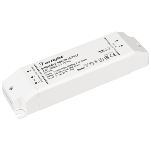 Блок питания ARV-SN24040-TRIAC (24V, 1.65A, 40W) (Arlight, IP20 Пластик, 3 года) Диммируемый источник напряжения по стандарту TRIAC с гальванической развязкой для светодиодных изделий. Входное напряжение 200-240 VAC. Выходные параметры: 24 В, 1.65 А, 40 Вт. Негерметичный пластиковый корпус IP 20. Габаритные размеры длина 166.5 мм, ширина 44 мм, высота 30 мм. Гарантийный срок 3 года.