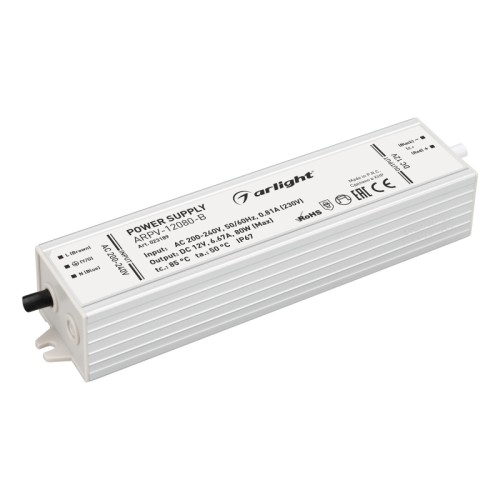 Блок питания ARPV-12080-B (12V, 6.7A, 80W) (Arlight, IP67 Металл, 3 года) Источник напряжения с гальванической развязкой для светодиодных изделий. Входное напряжение 200-240 VAC. Выходные параметры: 12 В, 6,7 А, 80 Вт. Встроенный PFC >0,5. Герметичный алюминиевый корпус IP 67. Рабочая температура -25…+50C⁰. Габаритные размеры длина 179 мм, ширина 41 мм, высота 31 мм. Совместим с диммерами с частотой ШИМ более 5кГц. Гарантийный срок 3 года.