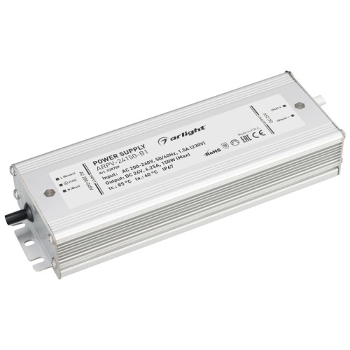 Блок питания ARPV-24150-B1 (24V, 6,3A, 150W) (Arlight, IP67 Металл, 3 года) Источник напряжения с гальванической развязкой для светодиодных изделий. Входное напряжение 200-240 VAC. Выходные параметры: 24 В, 6.25 А, 150 Вт. Встроенный PFC >0.5. Герметичный алюминиевый корпус IP 67. Рабочая температура -30…+50C⁰. Габаритные размеры длина 202 мм, ширина 67 мм, высота 34 мм. Совместим с диммерами с частотой ШИМ более 5кГц. Гарантийный срок 3 года.