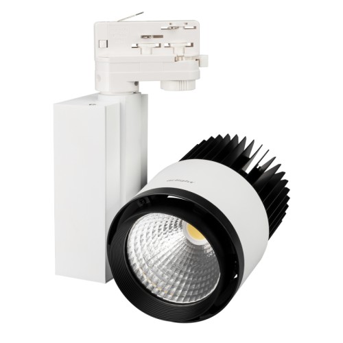 Светодиодный светильник LGD-537WH-40W-4TR White (Arlight, IP20 Металл, 3 года) Подвесной светильник для треков/шин 4 провода. Светодиод CREE 40W, цвет БЕЛЫЙ 5000K, св.поток 3200-3600 лм, угол 24°. Белый корпус, черная рамка и радиатор. Мощность 40Вт, питание AC180-240V. Максимальные габариты HxLxW: 205х165х160 мм