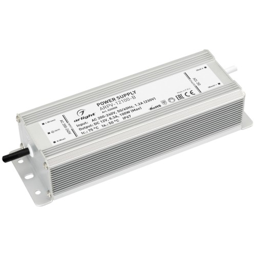 Блок питания ARPV-12100-B (12V, 8.3A, 100W) (Arlight, IP67 Металл, 3 года) Источник напряжения с гальванической развязкой для светодиодных изделий. Входное напряжение 200-240 VAC. Выходные параметры: 12 В, 8,3 А, 100 Вт. Встроенный PFC >0,5. Герметичный алюминиевый корпус IP 67. Рабочая температура -30…+50C⁰. Габаритные размеры длина 210 мм, ширина 71 мм, высота 45 мм. Гарантийный срок 3 года.