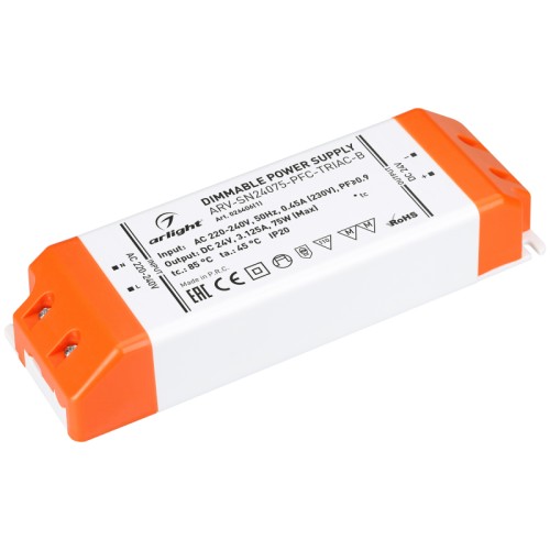 Блок питания ARV-SN24075-PFC-TRIAC-B (24V, 3.1A, 75W) (Arlight, IP20 Пластик, 3 года) Диммируемый источник напряжения по стандарту TRIAC с гальванической развязкой для светодиодных изделий. Входное напряжение 220-240 VAC. Выходные параметры: 24 В, 3.1А, 75 Вт. Встроенный PFC >0.9. Негерметичный пластиковый корпус IP 20. Габаритные размеры длина 170 мм, ширина 56 мм, высота 31 мм. Присутствует ШИМ на выходе. Гарантийный срок 3 года.