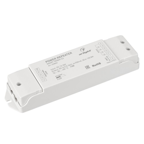 Усилитель SMART-RGBW-С3 (12-36V, 4x700mA) (Arlight, IP20 Пластик, 5 лет) RGBW-усилитель тока (преобразователь сигнала PWM (ШИМ) из напряжения в ток) для мощных светодиодов или RGB-светильников. Питание 12-36VDC. 4 канала, ток нагрузки 4x700mA, мощность нагрузки 33.6-100.8W. Размер 170x50x23 мм.