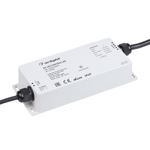 Контроллер SR-1009FAWP (12-36V, 240-720W) (Arlight, IP67 Пластик, 3 года) Влагозащищенный контроллер для светодиодной RGBW ленты (ШИМ). Питание/рабочее напряжение 12-36VDC, максимальный ток 5A на канал, 4 канала, максимальная мощность 240-720W. Степень влагозащиты IP67. Корпус - PVC. Габариты 180х73х38 мм. Управляется пультами и панелями серии SR-1009x (поставляются отдельно). Список совместимых пультов и панелей смотрите в сопутствующих товарах и в инструкции.