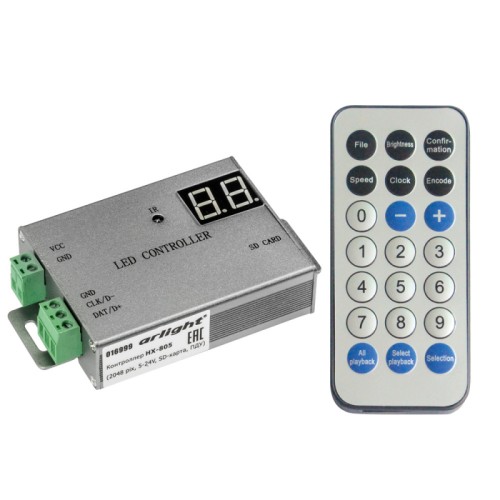 Контроллер HX-805 (2048 pix, 5-24V, SD-карта, ПДУ) (Arlight, -) Master-контроллер для лент RGB «Бегущий огонь» и управляемых модулей, протокол SPI и DMX512, напряжение 5–24 В, 2048 пикселей, запись программ на SD-карту (ПО LED Build), ПДУ(батарея LR1130) в комплекте, размер 112×64×24 мм. Вес 50 г. Список поддерживаемых микросхем см. в Таблице микросхем.