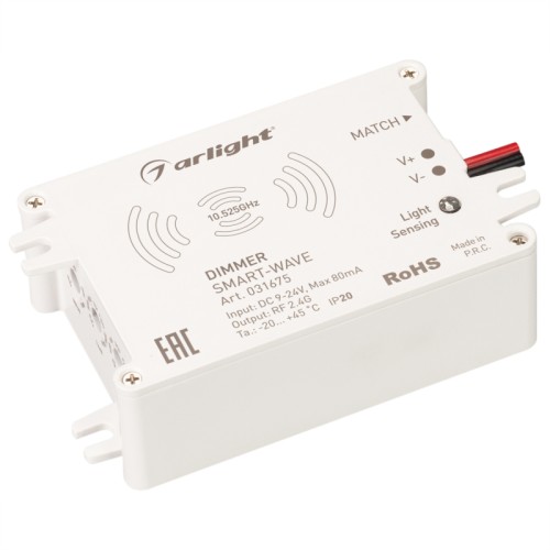 Диммер SMART-WAVE (9-24V, 2.4G) (Arlight, IP20 Пластик, 5 лет) Микроволновый датчик движения, управляющий диммером или контроллером SMART по радиосигналу 2.4G. Совмещен с датчиком освещенности, включение с заданной яркостью, регулировка времени (10сек-30мин), расстояние срабатывания до 20 метров, освещенность (50-400 люкс), обнаружение движения 0.5-3м/с, максимальная высота установки - 15 метров, угол обнаружения 150°(настенная установка), 360° (подвес). Напряжение питания DC 9-24V, потребляемая мощность 0.5W (в режиме ожидания) и 1W (в режиме срабатывания), частота микроволнового сигнала 10.525 GHz. Габариты 73.5х42.5х22 мм.