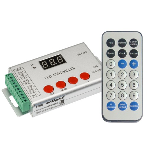 Контроллер HX-802SE-2 (6144 pix, 5-24V, SD-карта, ПДУ) (Arlight, -) Контроллер для лент RGB «Бегущий огонь» и управляемых модулей, протокол SPI и DMX512. Функция записи адресов DMX микросхем. Напряжение 5–24 В, 4 выходных порта, до 6144 пикселей, запись программ на SD-карту (ПО LED Build), ИК ПДУ (батарея LR1130) в комплекте, размер 130х75х25 мм. Список поддерживаемых микросхем см. в Таблице микросхем.
Размер пульта 85х40х7 мм., держатель не предусмотрен