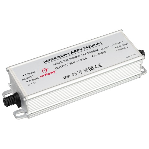 Блок питания ARPV-24200-A1 (24V, 8.3A, 200W) (Arlight, IP67 Металл, 3 года) Источник напряжения с гальванической развязкой для светодиодных изделий. Входное напряжение 200-240 VAC. Выходные параметры: 24 В, 8.3 А, 200 Вт. Встроенный PFC >0.5. Герметичный алюминиевый корпус IP 67. Рабочая температура -40…+70C⁰. Габаритные размеры длина 174 мм, ширина 56 мм, высота 36 мм. Гарантийный срок 3 года.