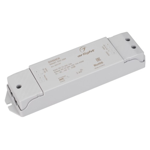 Диммер SMART-D32-DIM (12-36V, 12A, 0/1-10V) (Arlight, IP20 Пластик, 5 лет) Диммер для одноцветных источников света (0/1-10V). Питание/рабочее напряжение 12-36VDC, входной/выходной ток 12А, выходная мощность 144-432W. Корпус - PVC. Габариты 175х45х27 мм. Управляется 0/1-10V панелями серии SMART (поставляются отдельно).